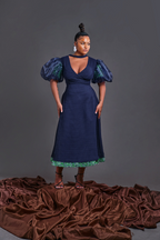 Puff Sleeve midi Aline dress Dark Blue
