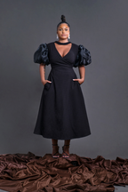 Puff Sleeve Midi A line Dress  Black