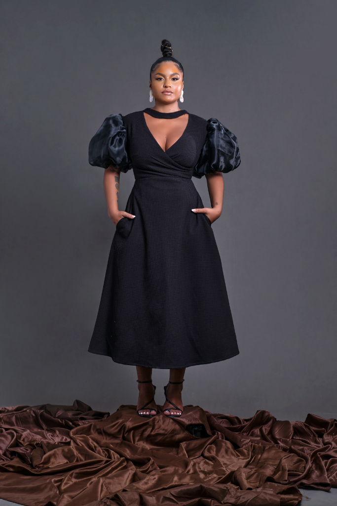 Puff Sleeve Midi A line Dress  Black