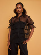 BUBBLE PLEATED BLOUSE - BLACK