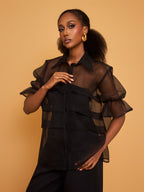 BUBBLE PLEATED BLOUSE - BLACK