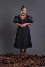 Puff Sleeve Midi A line Dress  Black